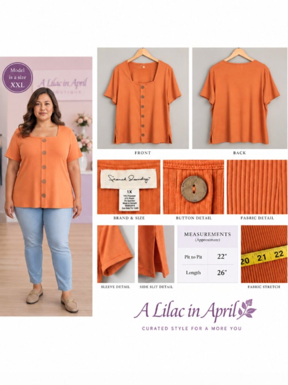 French Laundry Size 1X Burnt Orange Ribbed Knit Square Neck Button-Front Top